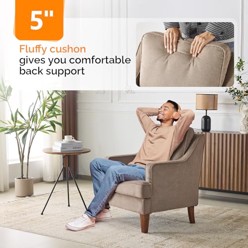 Mid-Century Accent Chairs Set of 2, Light Brown Upholstered Armchair Comfy Sofa Chairs Reading Chair High Back Living Room Bedroom Furniture for Apartment