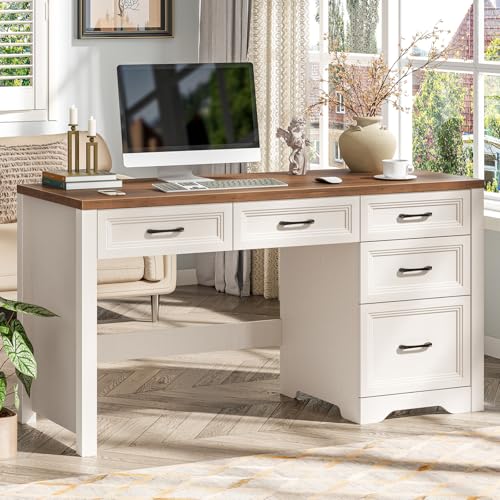 55 Inch Farmhouse Desk with 5 Drawers, Large Home Office Computer Desk with Adjustable File Drawer, Executive Workstation with Storage for Study Writing Work, White