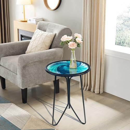 Patio Side Table, Small Round End Table, Metal Side Table Outdoor, Small Porch Table for Indoor Balcony Furniture Decor (Blue Glass 12inch)