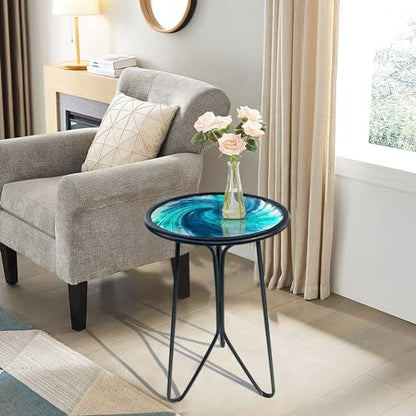 Patio Side Table, Small Round End Table, Metal Side Table Outdoor, Small Porch Table for Indoor Balcony Furniture Decor (Blue Glass 12inch)