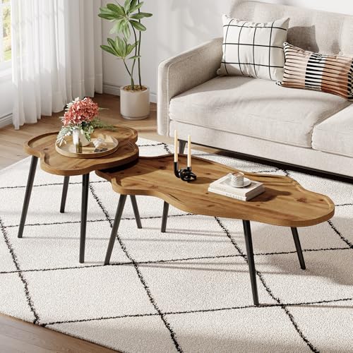 Nesting Coffee Table Set of 2, Solid Wood Coffee Tables with Cloud Tabletop, Stacking Accent Tables with Adjustable Non-Slip Feet for Living Room, Bedroom & Small Space, Rustic Brown