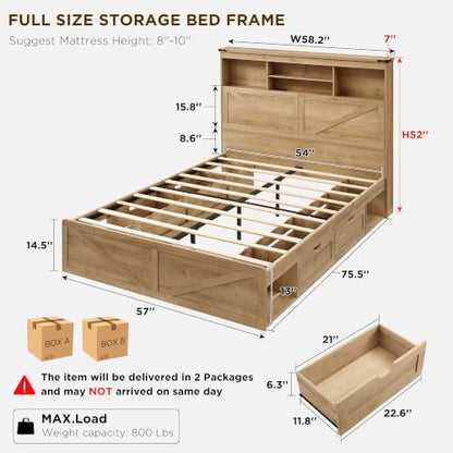 Farmhouse Full Size Bed Frame with 52" Storage Bookcase Headboard and 4 Drawers, view 3