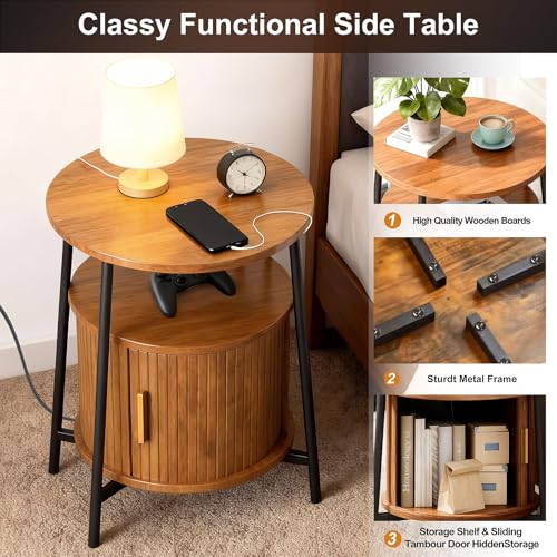 Round End Tables Set of 2 & Charging Station, Fluted Accent Side Table with Sliding Door, Mid-Century Modern Nightstand set of 2 for Small Space Storage, Living Room, Bedroom,Sofa Couch(2, Yellow)