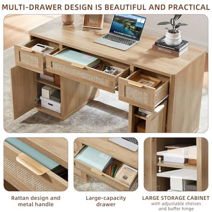 56" Rattan Office Desk with 3 Drawers & 2 File Cabinets, Natural, view 5