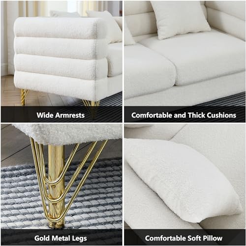 Luxury Teddy Sofa Set for Living Room, Modern Decor Furniture Sectional Sofa, 3 Seater Couch and Loveseat with 5 Pillows for Apartment, Office, Hall (White)