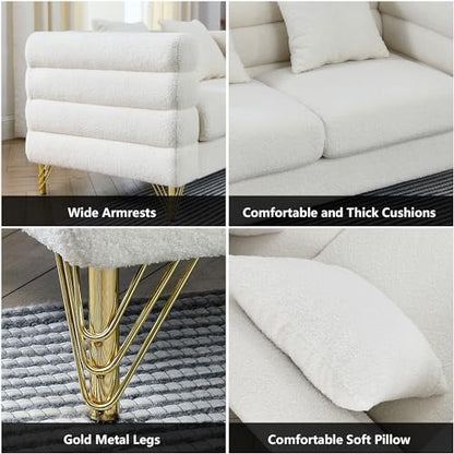 Luxury Teddy Sofa Set for Living Room, Modern Decor Furniture Sectional Sofa, 3 Seater Couch and Loveseat with 5 Pillows for Apartment, Office, Hall (White)