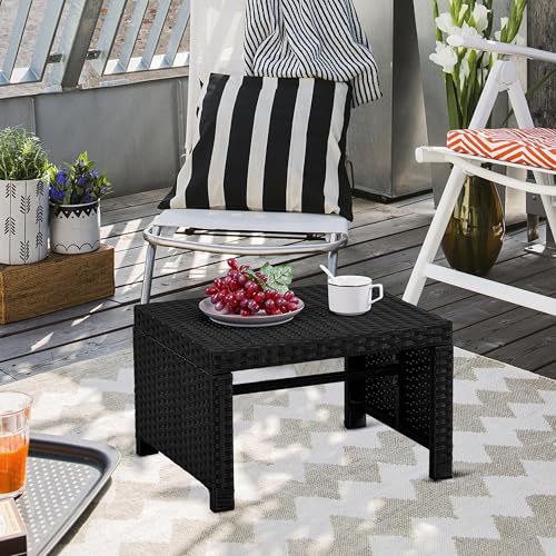 Yaheetech Wicker Ottomans, 2 Footrest with Removable Cushion, Black/Gray | 2pcs PE Rattan Side Table Additional Seating Multipurpose Outdoor Furniture for Patio, Backyard