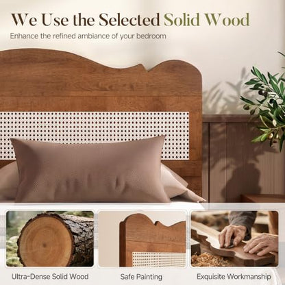 Solid Wood Bed Frame King Size with Adjustable Headboard,Brown, view 6