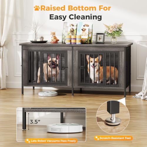 54" Double Dog Crate Furniture for 2 Dogs, Gray Wood Grain, view 5