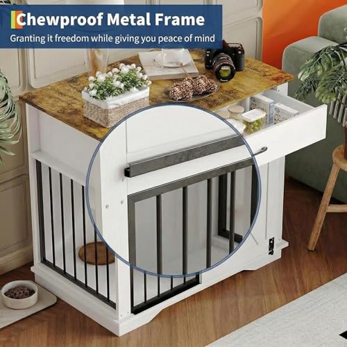 38" Dog Crate Furniture, Wooden Dog Furniture with Sliding Door and Drawer, view 7