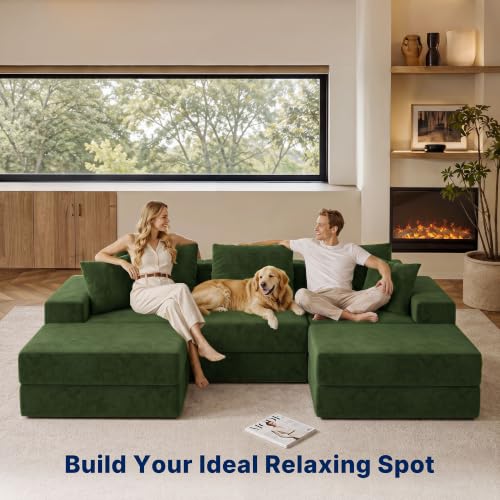 Cloud Modular Sectional Sofa, Comfy Boneless Couch for Living Room, Modern L-Shaped Couch with Reversible Chaise, Customizable Sleeper Sofa with Non Slip, No Assembly & Deep Seat, Green