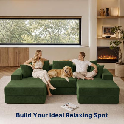 Cloud Modular Sectional Sofa, Comfy Boneless Couch for Living Room, Modern L-Shaped Couch with Reversible Chaise, Customizable Sleeper Sofa with Non Slip, No Assembly & Deep Seat, Green