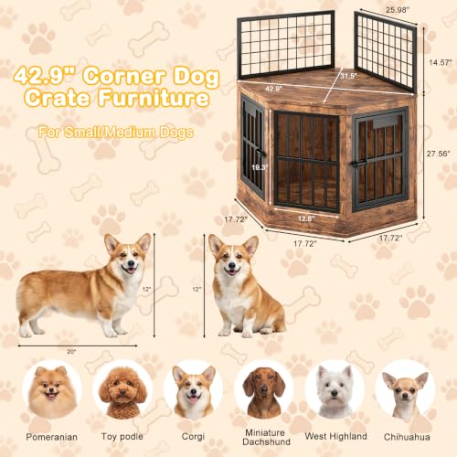 43" Wooden Corner Dog Crate Furniture, Indoor Decorative Dog Kennel, Rustic, view 3