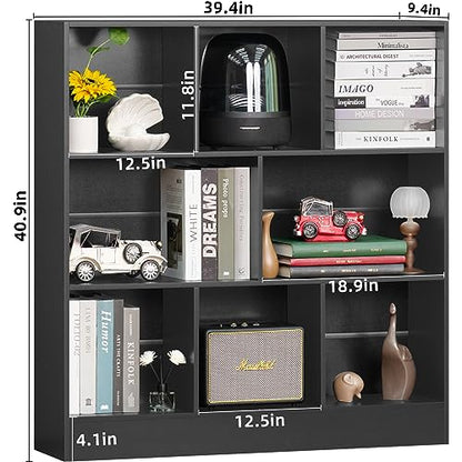 Black Wide Bookshelf,3 Tier Modern Horizontal Bookcase,Wood Low Bookshelves Display Storage Cabinet with Base,Floor Standing 8 Cube Large Bookcases Organizer for Bedroom,Living Room,Office