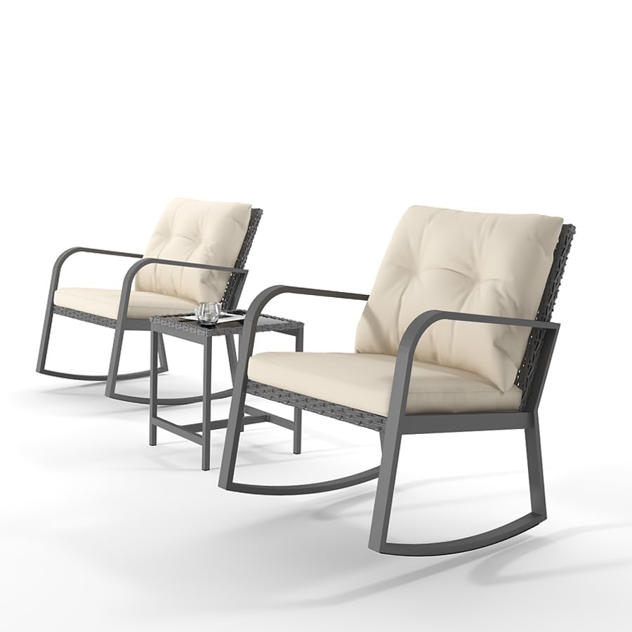 3 Pieces Patio Furniture Set, Rocking Chairs Wicker Outdoor Bistro Set Armchair Patio Furniture Conversation Sets with Tempered Glass Top Coffee Table & Cushions, Off White