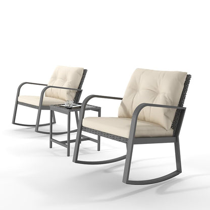 3 Pieces Patio Furniture Set, Rocking Chairs Wicker Outdoor Bistro Set Armchair Patio Furniture Conversation Sets with Tempered Glass Top Coffee Table & Cushions, Off White