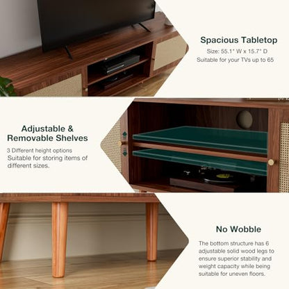 TV Stand with Rattan Doors for TVs up to 65", Mid-Century, Walnut, view 5