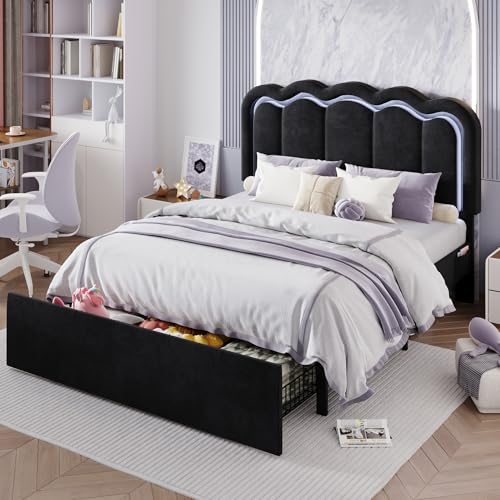 Full Size Bed Frame with LED Lights and Storage Drawer, Black, view 2