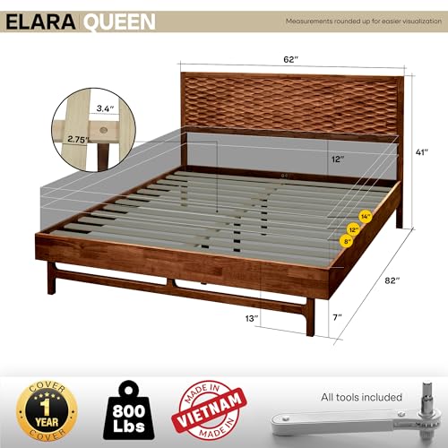Acacia Wood Queen Bed Frame with Walnut Headboard, view 3