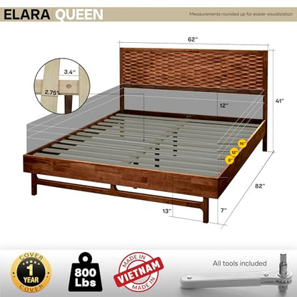 Acacia Wood Queen Bed Frame with Walnut Headboard, view 3