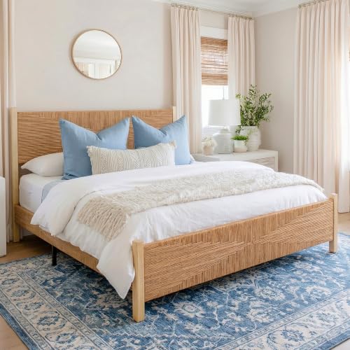 Solid Wood Rattan King Bed Frame with Tall Headboard and Footboard, view 2