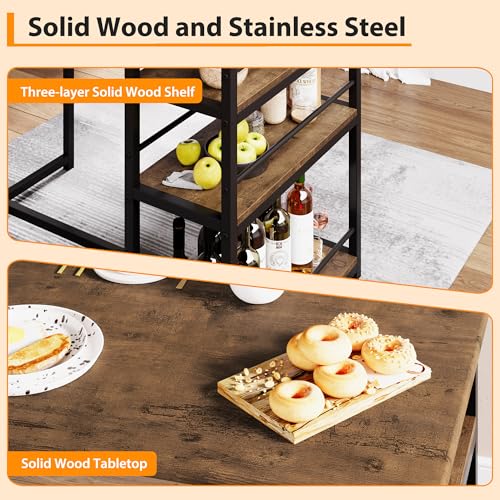 Dining Table Set for 2, Counter Height Kitchen Table with 2 Upholstered Bar Stools, Dining Table and Chairs Set with Storage Shelves, for Small Space, Apartment, Studio, Retro Brown