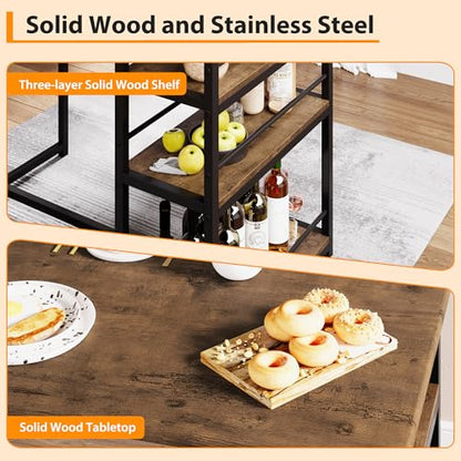Dining Table Set for 2, Counter Height Kitchen Table with 2 Upholstered Bar Stools, Dining Table and Chairs Set with Storage Shelves, for Small Space, Apartment, Studio, Retro Brown