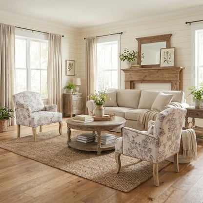 Floral Accent Chairs Farmhouse Upholstered Armchair Linen Reading Chair Mid Century Modern Single Sofa Chair with Pillow for Bedroom/Living Room/Fireplace, Beige, 1PC