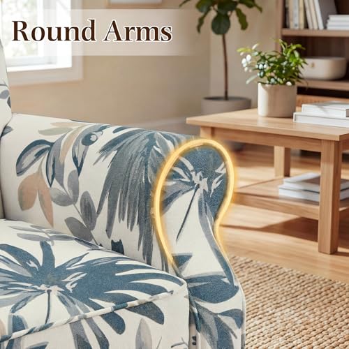 Modern Accent Chair,High Back Armchair,Upholstered Fabric Button Single Sofa with Wooden Legs for Living Room,Bedroom,Blue Leaves
