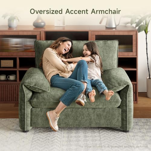 Oversized Accent Chair, 41 Inch Chenille Fabric Armchair, Comfy Single Sofa Chair with Padded Arms, Pocket Spring Cushion, Modern Reading Chair for Living Room, Bedroom, Green