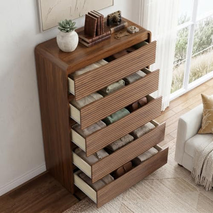 Walnut Fluted 5 Drawer Dresser for Bedroom,47" Tall Modern Chest of Drawer, view 4