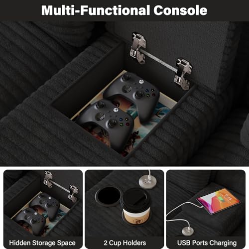 143" Oversized U Shaped Cloud Sectional Couches for Living Room, Comfy Fluffy Corduroy Black Boneless Couch, Large Modular Sectional Sofa Set with Chaise, Cup Holder, USB Port, Storage Console