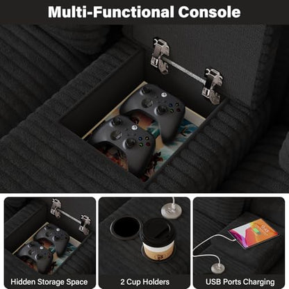 143" Oversized U Shaped Cloud Sectional Couches for Living Room, Comfy Fluffy Corduroy Black Boneless Couch, Large Modular Sectional Sofa Set with Chaise, Cup Holder, USB Port, Storage Console