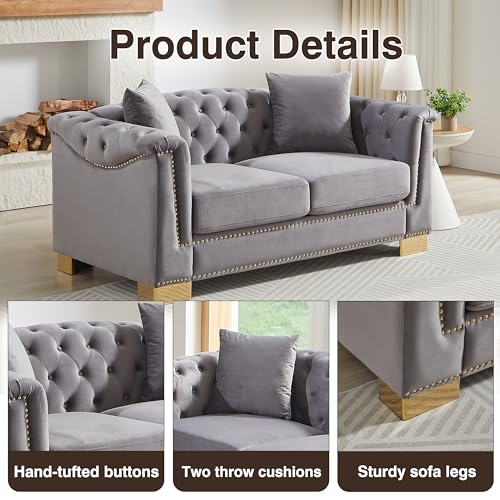 62" Chesterfield Sofa Velvet Two-Seater, Modern Classic Rolled Arm Button Tufted Sofa with Nailhead Decor, Cloud Couch Loveseat for Living Room, Apartment (Grey)