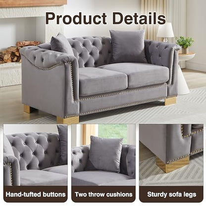 62" Chesterfield Sofa Velvet Two-Seater, Modern Classic Rolled Arm Button Tufted Sofa with Nailhead Decor, Cloud Couch Loveseat for Living Room, Apartment (Grey)