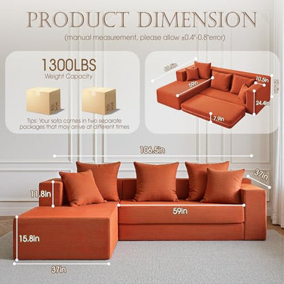 106" Modular Sectional Sofa, Modern Cloud Couch with L-Shape Chaise, Upholstered Boneless Couches with Deep Seat, Comfy Corduroy Sofa for Living Room Bedroom, No Assembly (Orange)