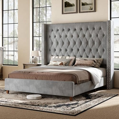 Queen Bed Frame 61.4" Tall Upholstered Wingback Headboard, Grey
