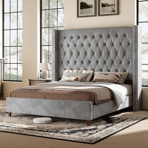 Queen Bed Frame 61.4" Tall Upholstered Wingback Headboard, Grey, view 2