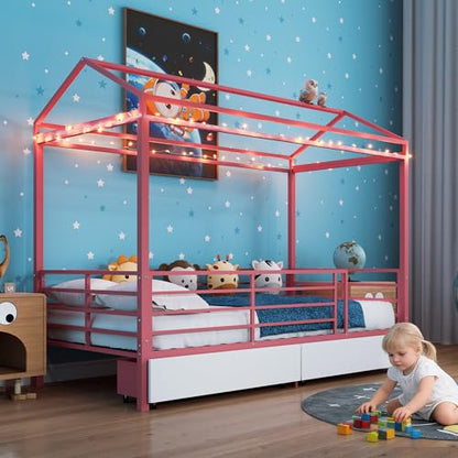 LUMISOL Twin House Bed Frame with Drawers & Guardrail, Metal House Platform Bed with Storage, Pink