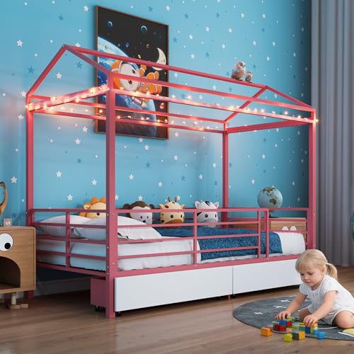 LUMISOL Twin House Bed Frame with Drawers & Guardrail, view 2