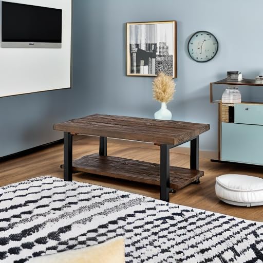 Pomona Rustic Coffee Table with Storage Shelf - 42-Inch Industrial Modern Metal and Solid Wood Living Room Table - Easy Assembly Farmhouse Living Room Furniture (Rustic Natural)