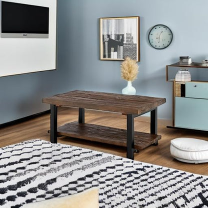 Pomona Rustic Coffee Table with Storage Shelf - 42-Inch Industrial Modern Metal and Solid Wood Living Room Table - Easy Assembly Farmhouse Living Room Furniture (Rustic Natural)