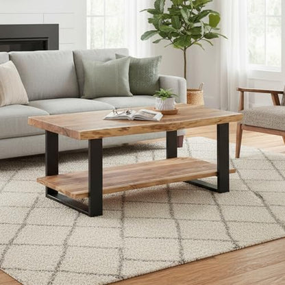 Alpine 2-Tier Live Edge Coffee Table – 42" Solid Acacia Wood with Natural Finish, Lower Shelf Storage and Metal Frame – Rustic Industrial Style for Living Room or Home Office