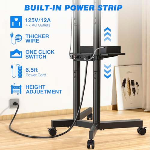 Mobile TV Cart Rolling TV Stand with Power Outlet for 32-75 Inch Screens, Portable TV Stand on Wheels with Height Adjustment, Outdoor TV Mount Stand with Shelf Holds up to 88lbs for Home Office