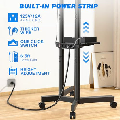 Mobile TV Cart Rolling TV Stand with Power Outlet for 32-75 Inch Screens, Portable TV Stand on Wheels with Height Adjustment, Outdoor TV Mount Stand with Shelf Holds up to 88lbs for Home Office
