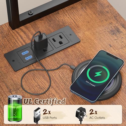 Office Desk with 3 Fabric Drawers & Shelf, Reversible L Shaped Desk Computer Desk with Remote LED Lights, Power Outlet for Home Office Desk, Corner Desk for Bedroom, Brown