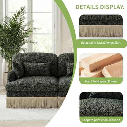 Modular Sectional Leopard Print Couch w/Ottoman,Modern 2-Seat L-Shaped Cloud Couch,Pillows,Tassel Fringe Skirt,High-Resilience Foam Sofa,Easy Assembly for Living Room,Apartment(Gre-Blk 69.2")