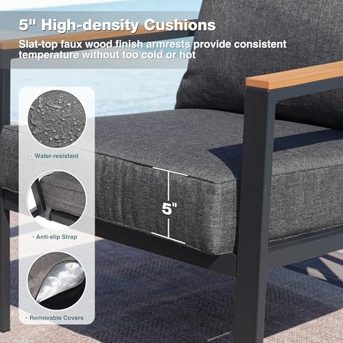Patio Furniture Set, 4 Pieces Outdoor Furniture Patio Conversation Set with High Back, Faux-Wood Armrest and Tabletop, Outdoor Couch Patio Sofa Set for Balcony, Porch, Backyard, Grey