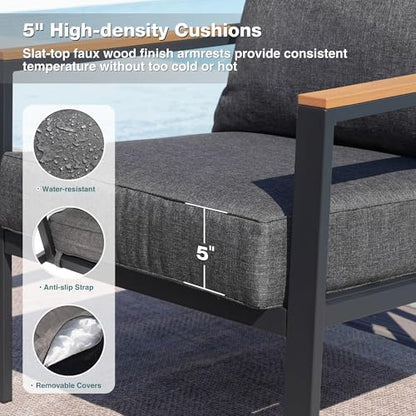 Patio Furniture Set, 4 Pieces Outdoor Furniture Patio Conversation Set with High Back, Faux-Wood Armrest and Tabletop, Outdoor Couch Patio Sofa Set for Balcony, Porch, Backyard, Grey