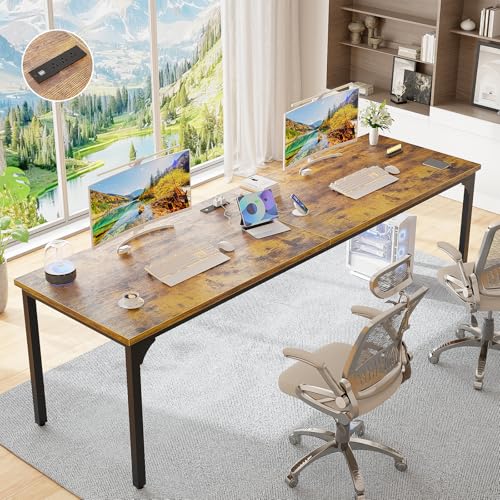 78.7 Inches 2 Person Desk with Power Outlet, Long Double Home Office Computer Desks, Large Simple Desk, Modern Study Writing Table Workstation, Large Legroom, Metal Frame, Rustic Brown